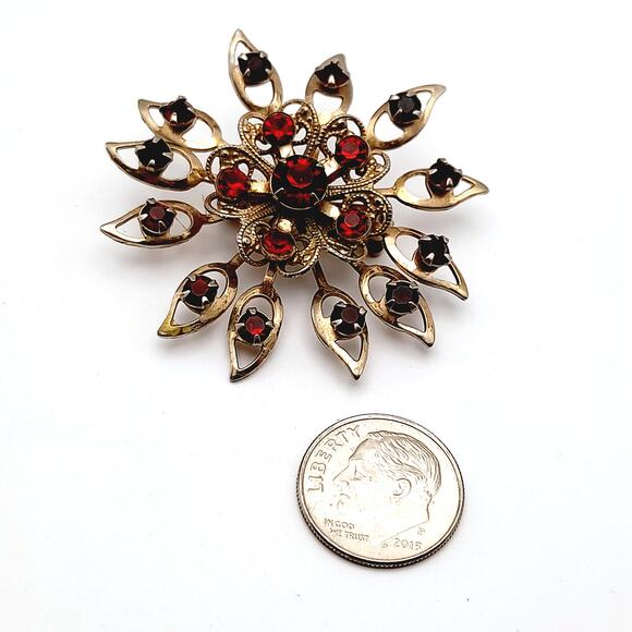 Vintage Small Filigree Garnet Red Rhinestone Flower Brooch, 1 7/8 Inches - Picture 3 of 6